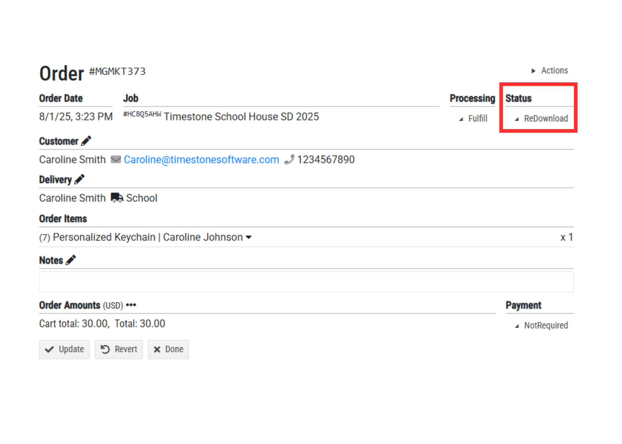 Order details for Caroline Smith, including status and item information.