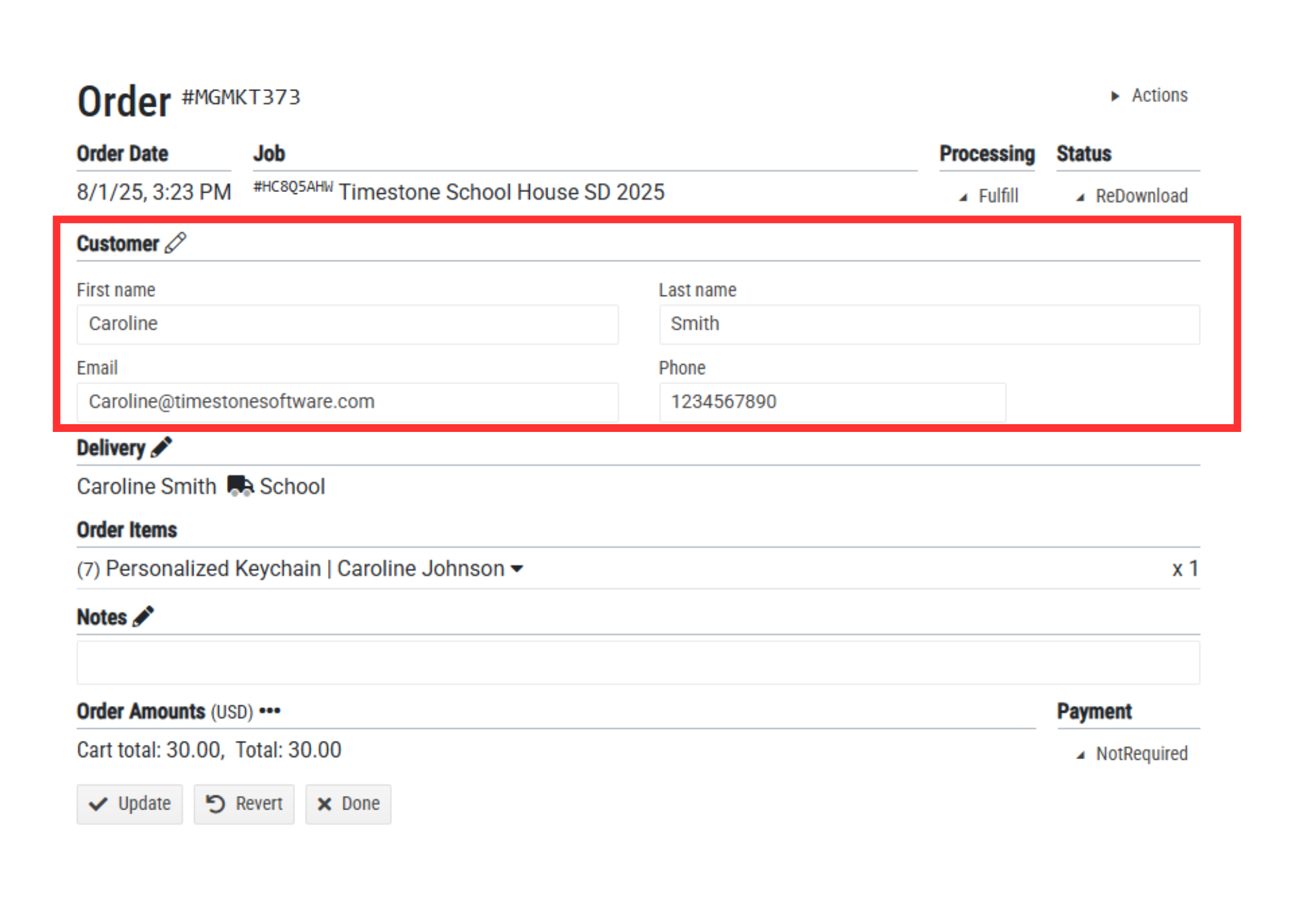 Order details for Caroline Smith including contact information and order items summary.