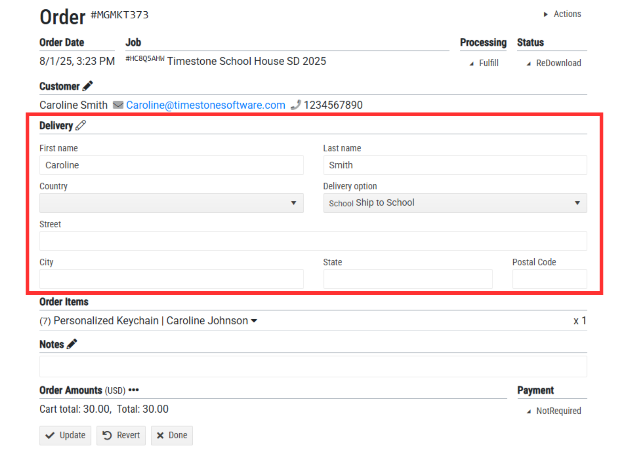 Order details for Caroline Smith, including delivery information and item summary.