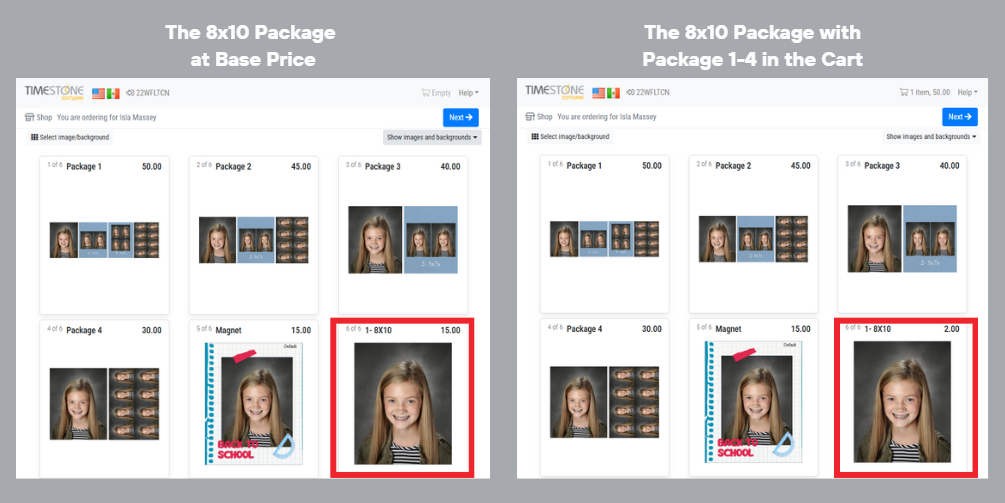 Comparison of 8x10 package pricing at base price and with additional packages in cart.