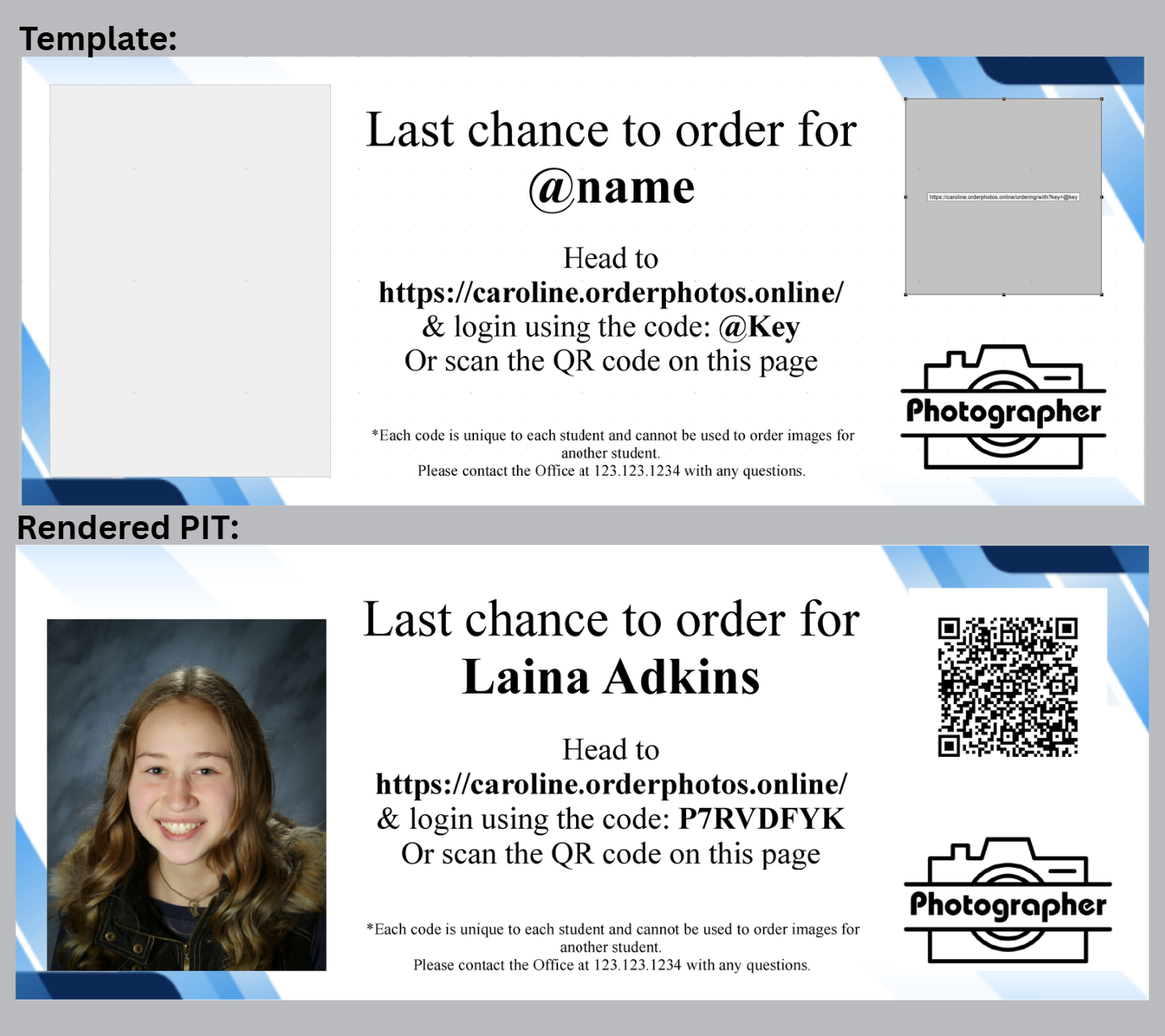 Second change card template and rendered item with QR code and website link details.