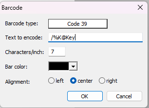 Barcode settings window displaying information for encoding the /%K@Key barcode