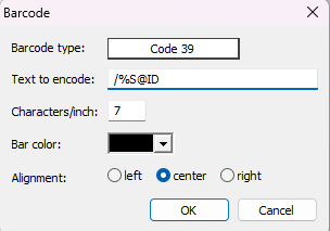 Barcode settings window displaying information for encoding the /%S@ID barcode
