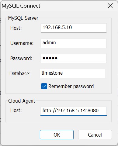 The NeoPack connect window with the Cloud Agent Server address entered in the Host window