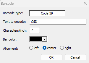 Settings for generating a Code 39 barcode with specific parameters displayed.