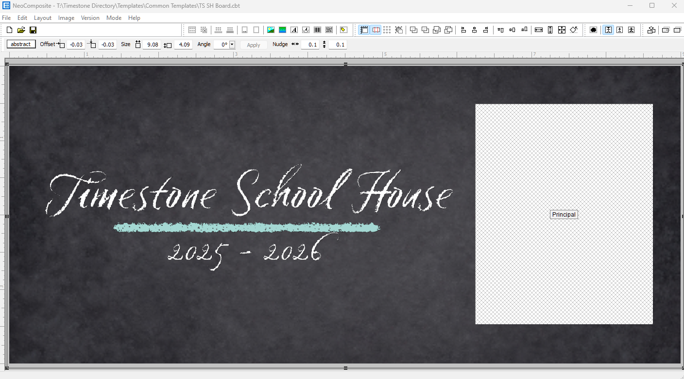 Timestone School House sign for the academic year 2025-2026 with principal section.