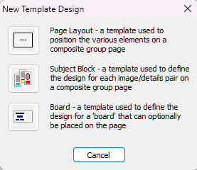 New template design options for page layout, subject block, and board configurations.