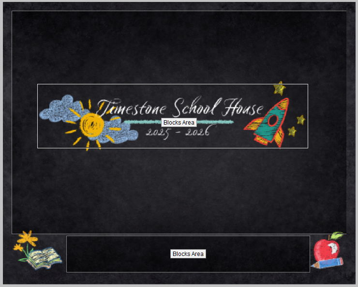 Timestone School House logo with highlighted blocks area for 2025-2026 school year.