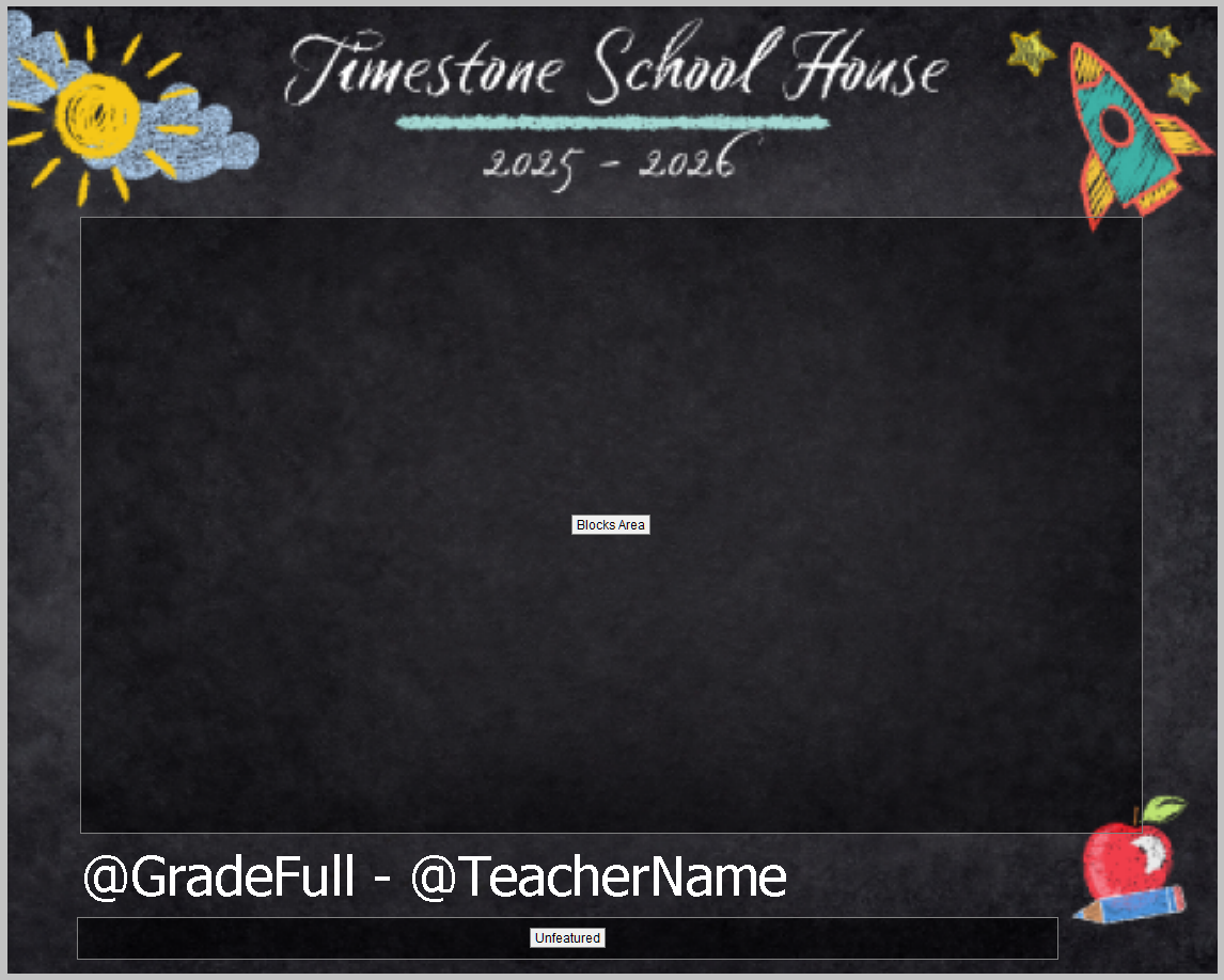 A chalkboard design featuring Timestone School House and a designated Blocks Area.