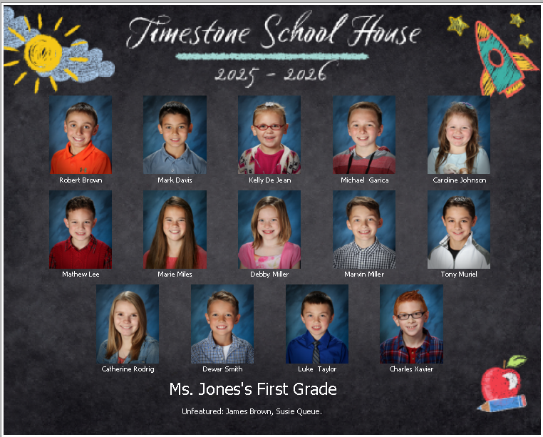 Class photo of Ms. Jones's first grade students for the 2025-2026 school year.