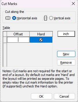 Settings for cut marks in a layout, including options for horizontal and vertical axes.