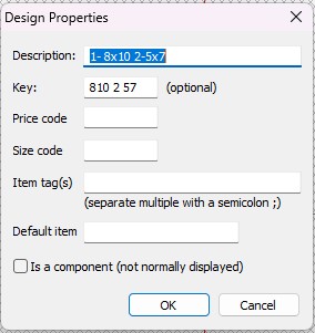 Design properties window displaying item description, key, and tags for configuration.