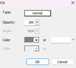 Settings menu for fill options including type, opacity, angle, and color selections.