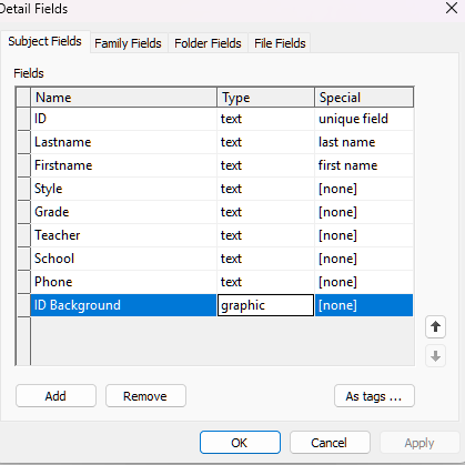 Detail fields for a database including ID, name, and contact information.
