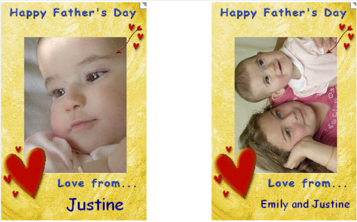 Father's Day cards featuring Justine and Emily with heartfelt messages.