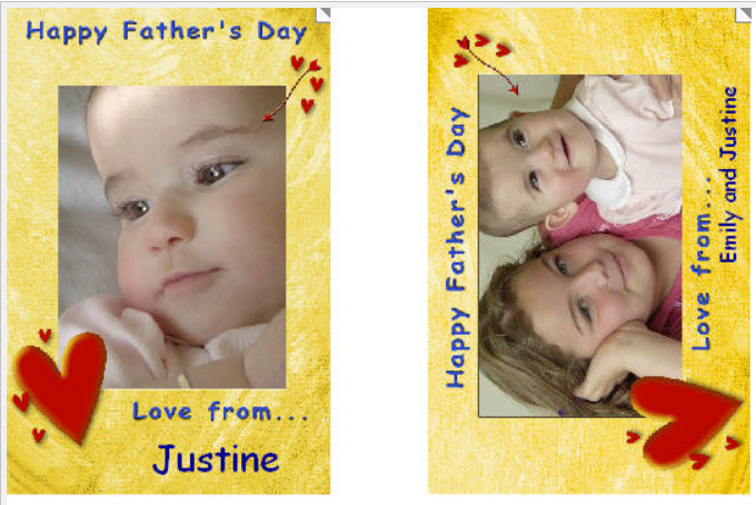 Father's Day card featuring children with heartfelt messages and love from Justine and Emily.