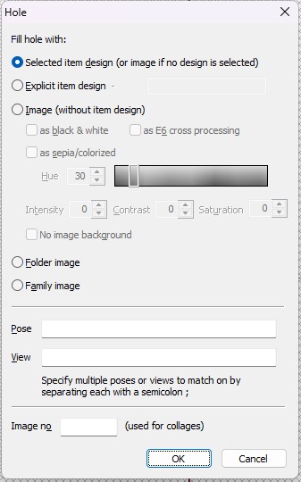 Settings menu for filling holes with various design options and adjustments.