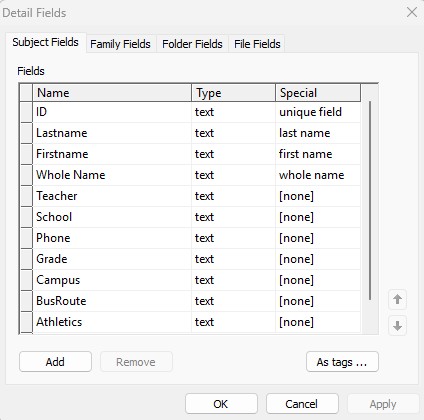 Detail fields for a database, including ID, name, teacher, and school information used for creating variable items in the template designer.