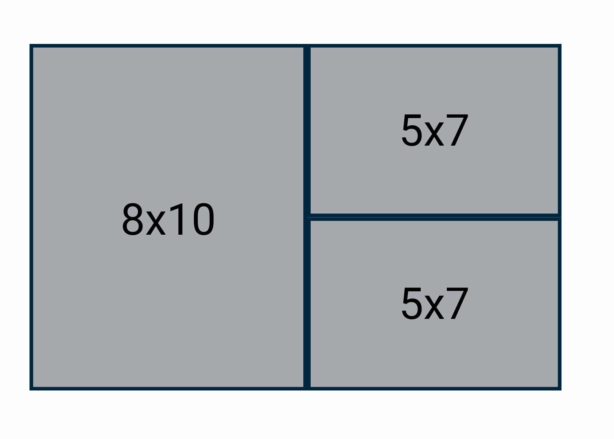 Diagram showing dimensions of an 8x10 and two 5x7 photo layouts.