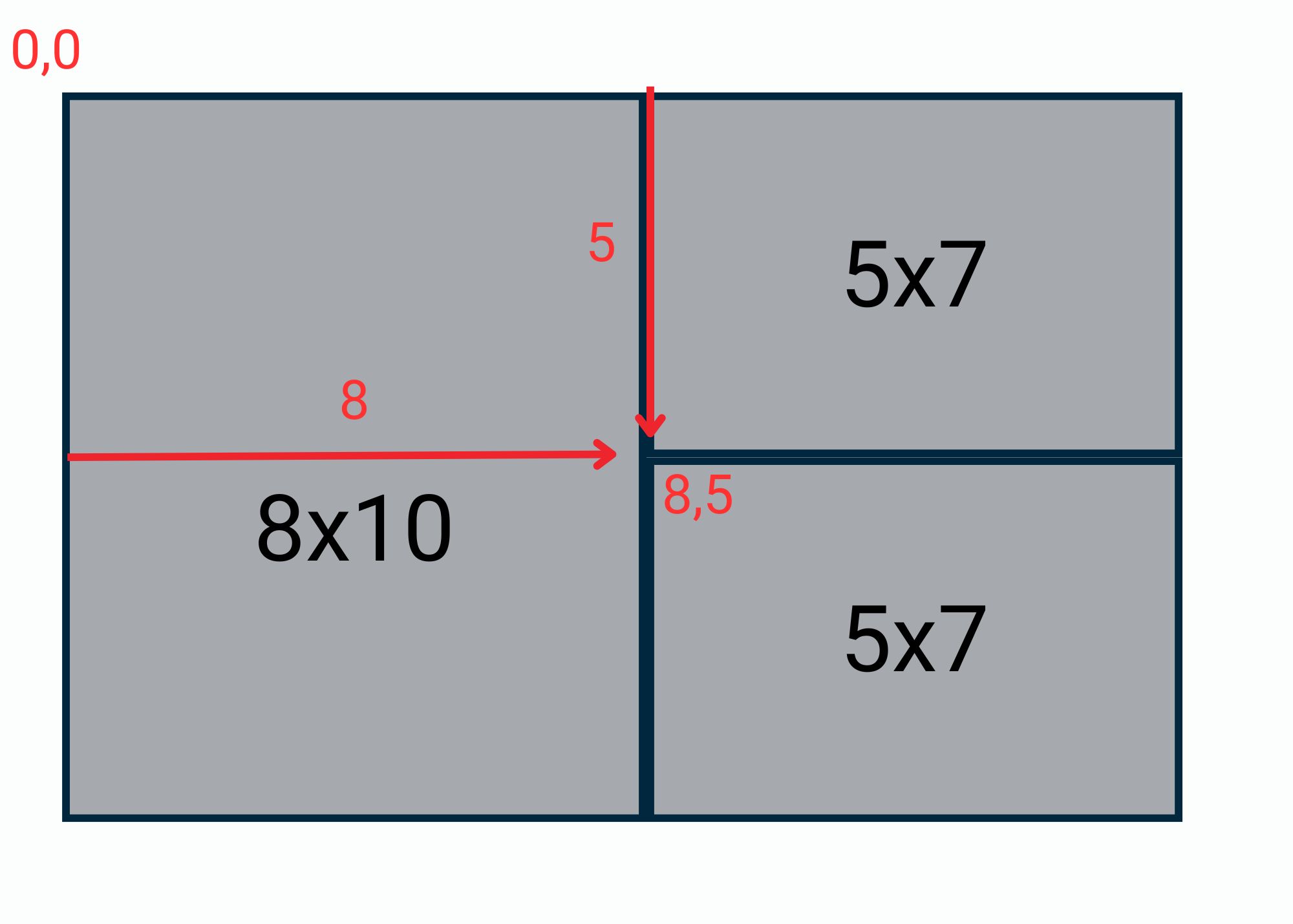 Dimensions and measurements of rectangles labeled with sizes and coordinates.