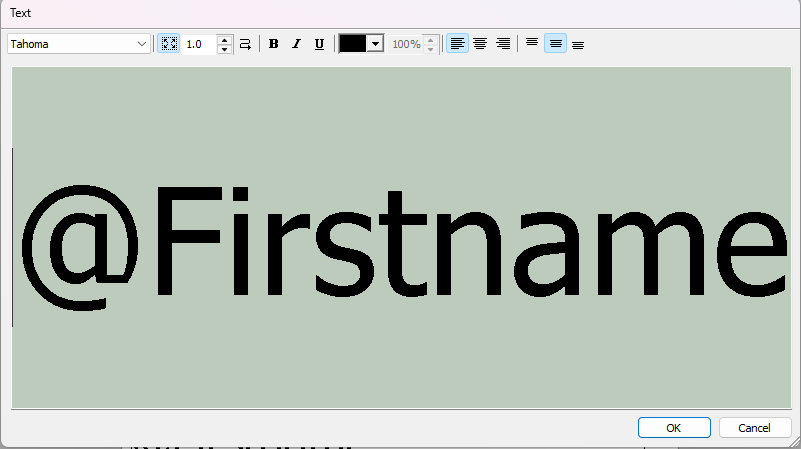 Text editor displaying '@Firstname' in large, bold font for user input.