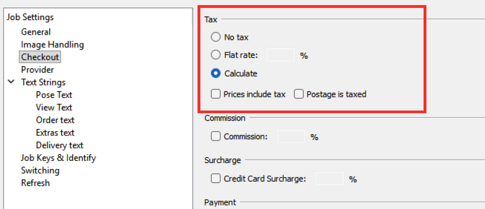 Checkout settings for tax calculation options in a software interface.