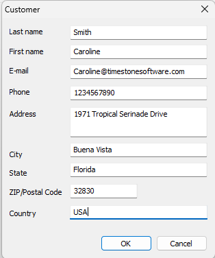 Customer information form displaying personal details like name, email, and address.