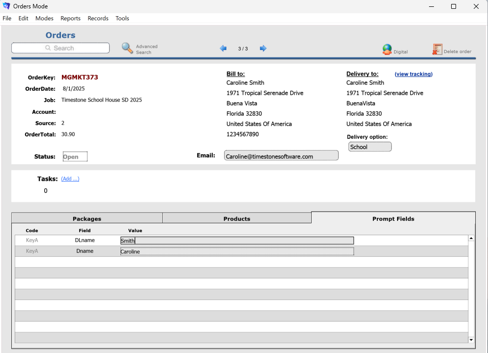 A tsPortal window view of an order for Caroline Smith including delivery address and order total information.