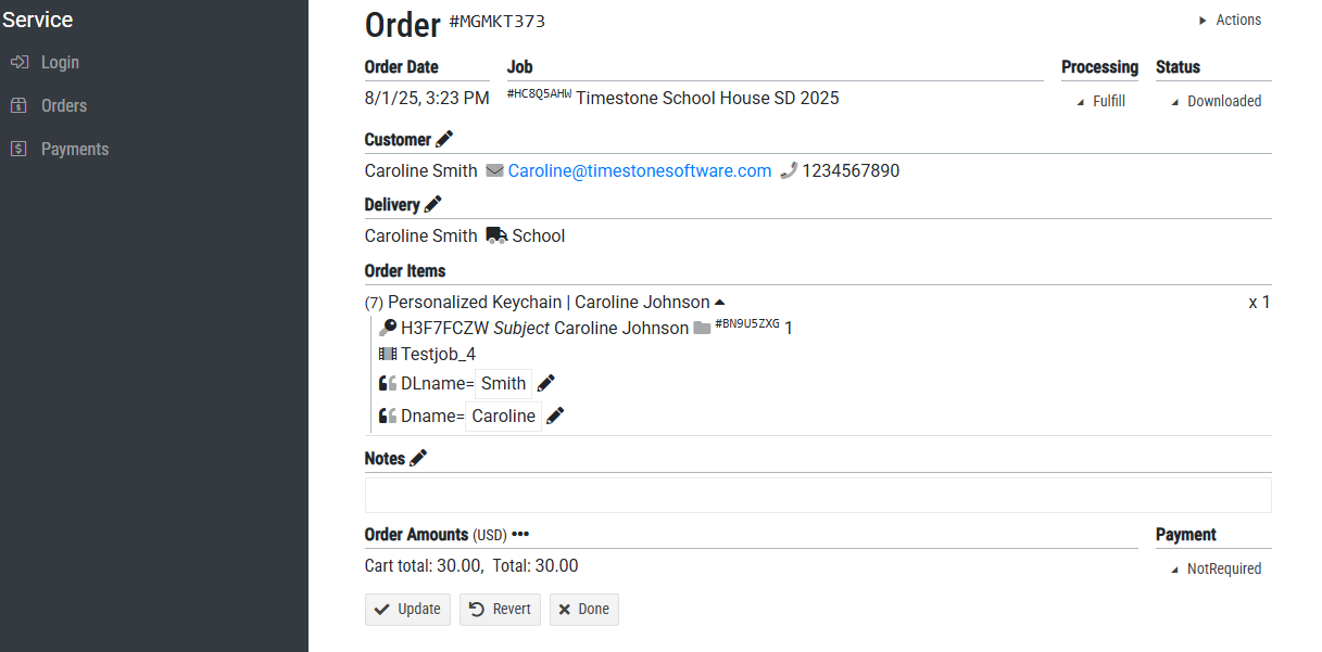 Service panel view of an order for personalized keychains including customer information and total amount.