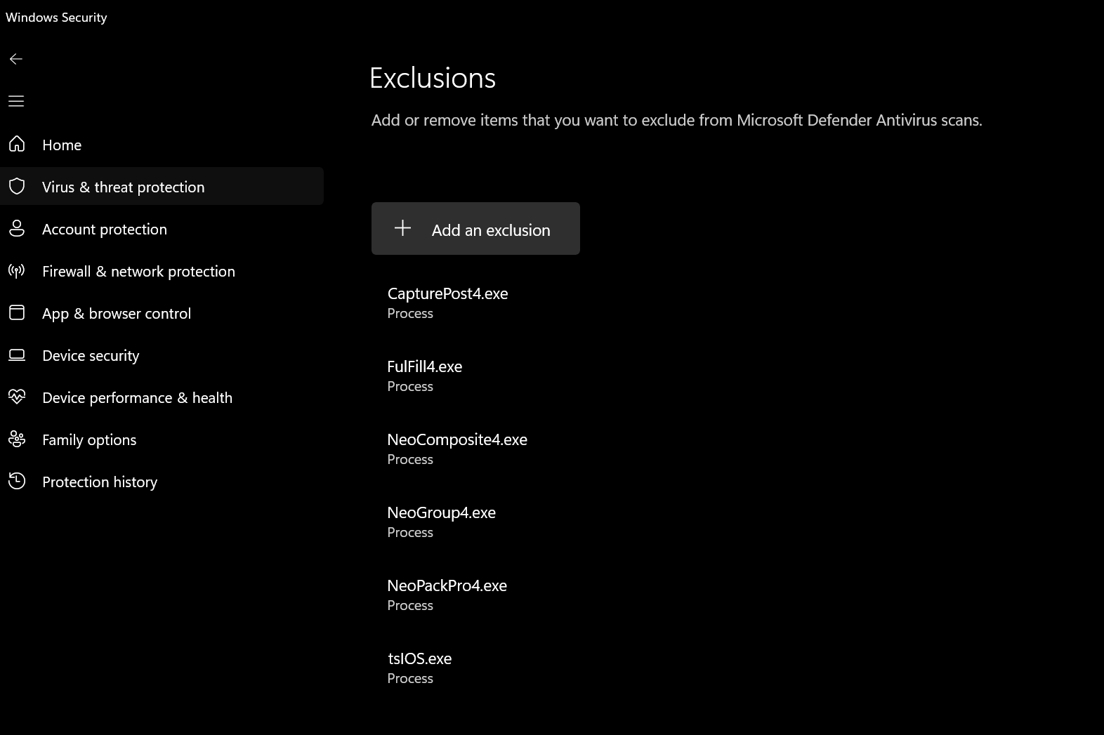 Windows Security Exclusions page lists several executable processes excluded from Microsoft Defender Antivirus scans.