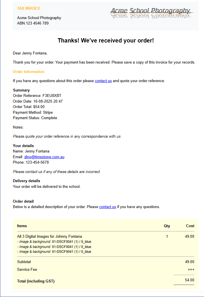 The Order Receipt email