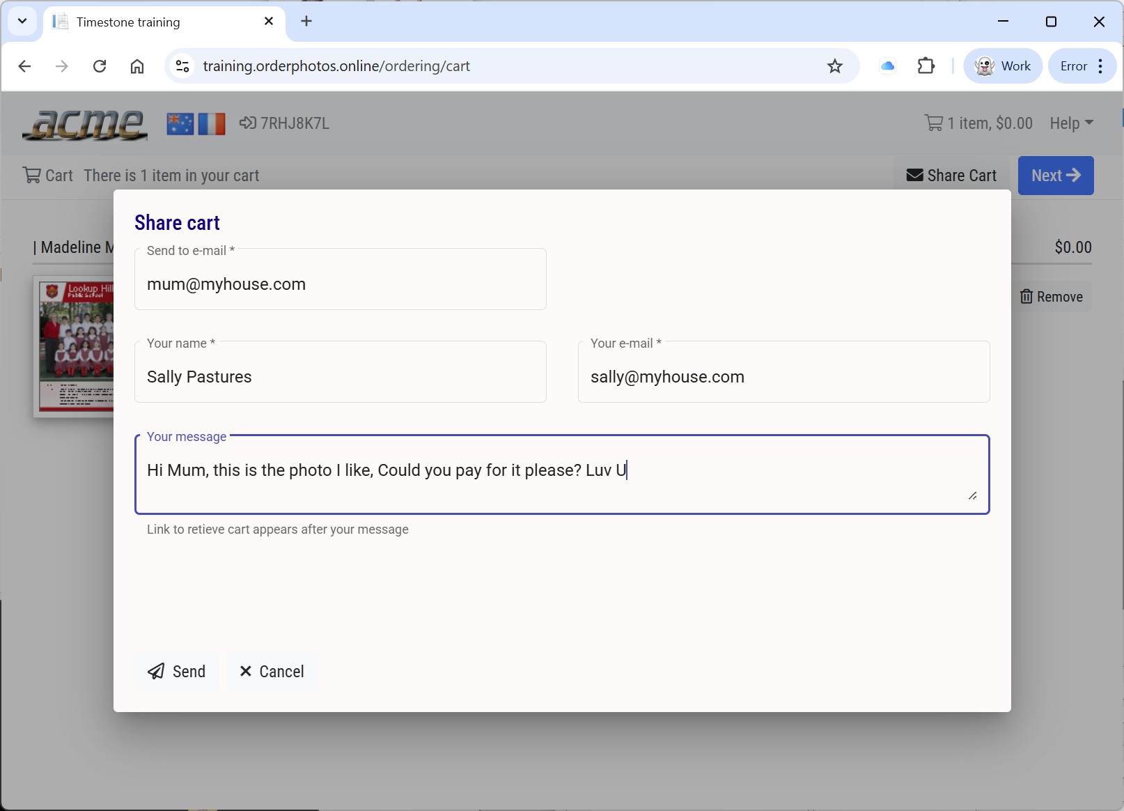 Composing an email to share the cart