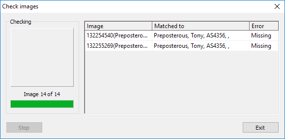 Image shows a list of images with matching errors and their statuses.