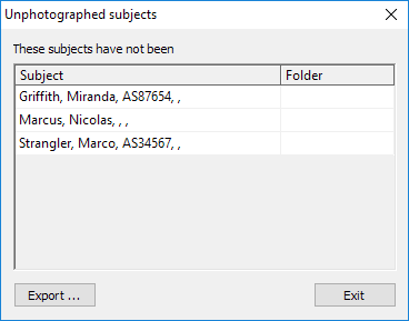 List of unphotographed subjects with their respective identifiers and folders displayed.