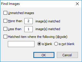 Settings window for finding unmatched images with various options and buttons.