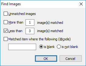 Settings window for finding unmatched images with various selection options displayed.