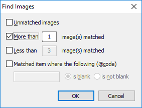 Settings menu for finding images with various matching criteria options displayed.