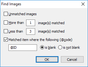Settings window for finding unmatched images with various selection options displayed.