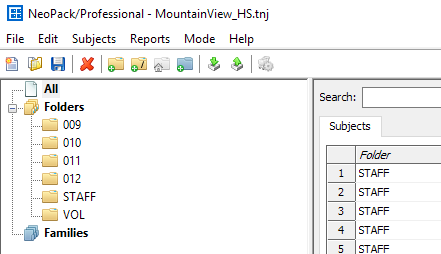 NeoPack interface displaying folders and subjects for organization and management.