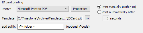 Settings for ID card printing, including printer selection and template path.