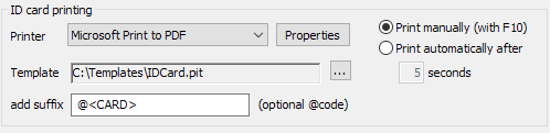 ID card printing settings with printer selection and template path displayed on screen.