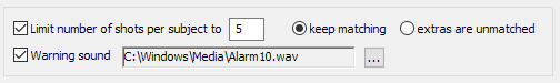 Settings for limiting shots per subject and warning sound file path displayed.