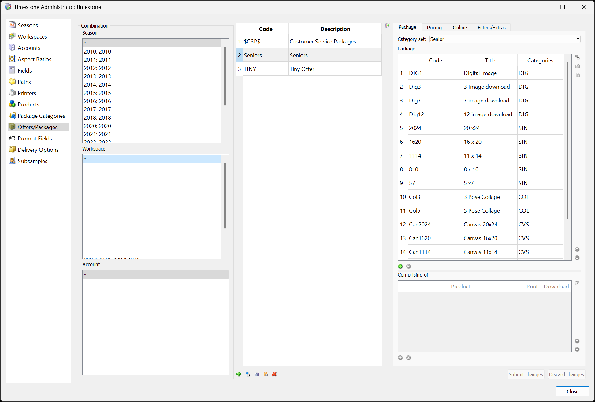 An offer with categories assigned to each package