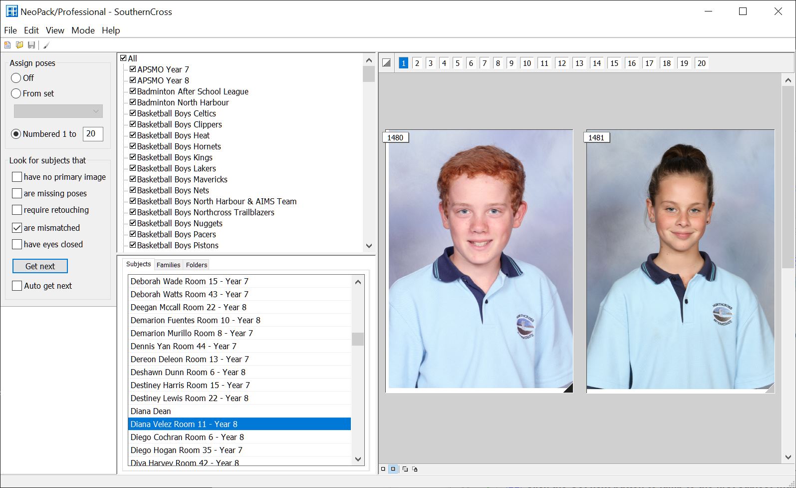 Using the 'are mismatched' criteria in Poses Mode to find subjects with mismatched images one subject at a time