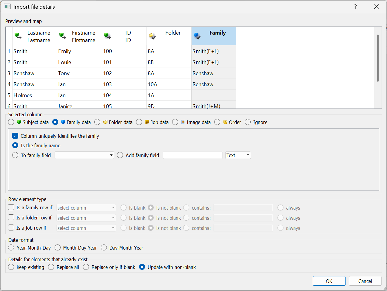 Mapping the Families column when importing a text file