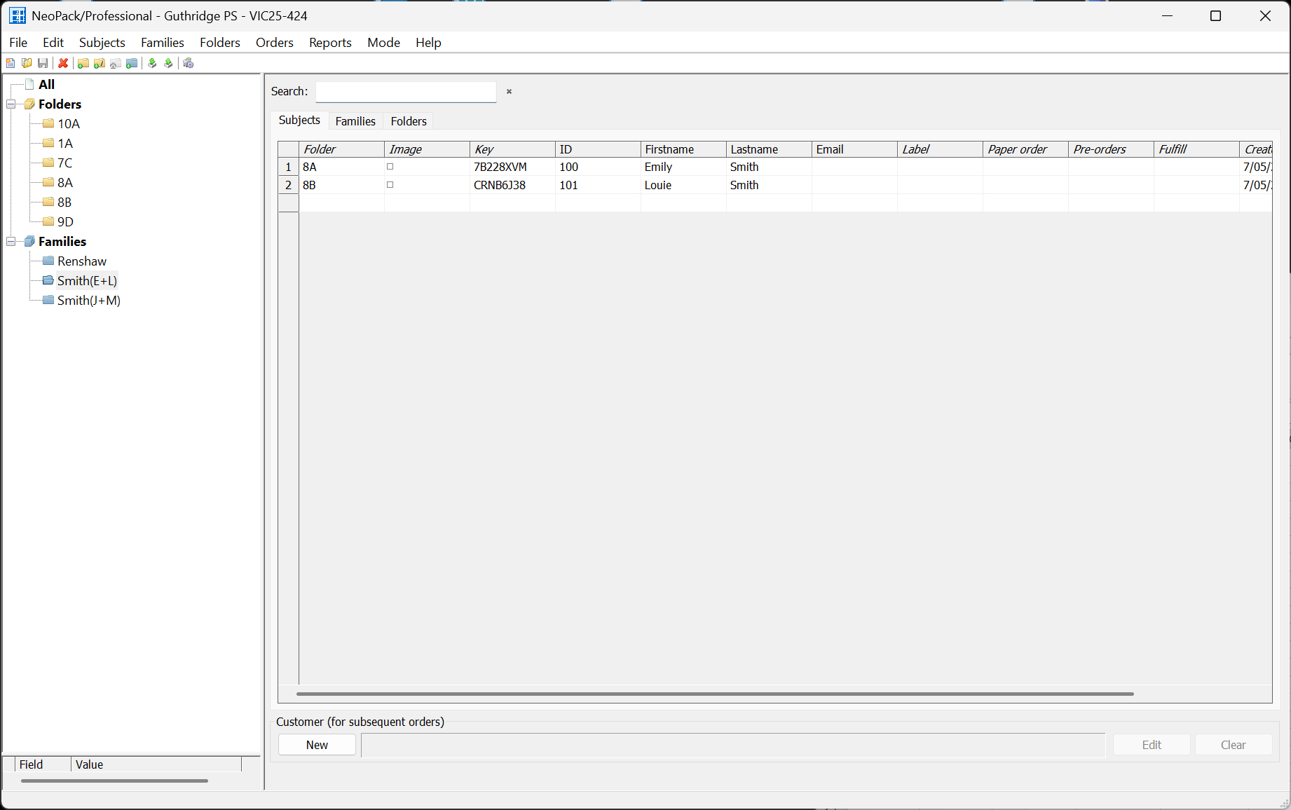 Families created after importing a text file
