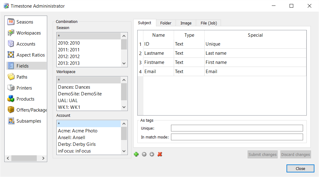 Timestone Administrator interface displaying account fields and unique identifiers for data management.