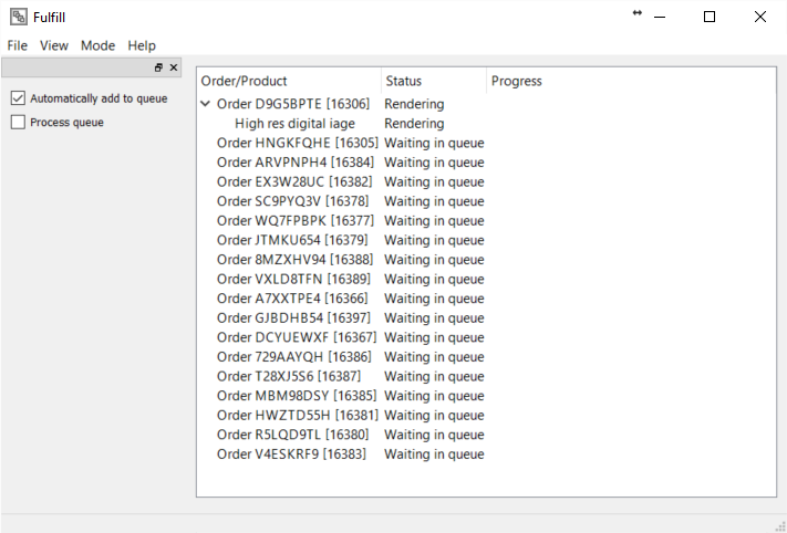 Order fulfillment status showing rendering and waiting tasks in a queue.