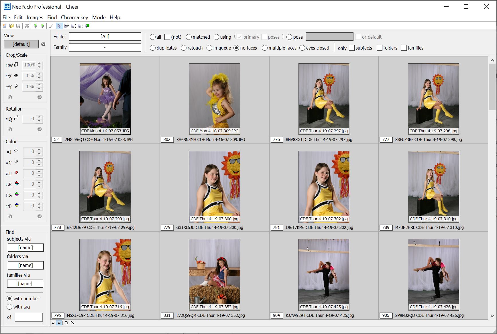 Using the 'no faces' filter in images mode to find images where faces were not detected