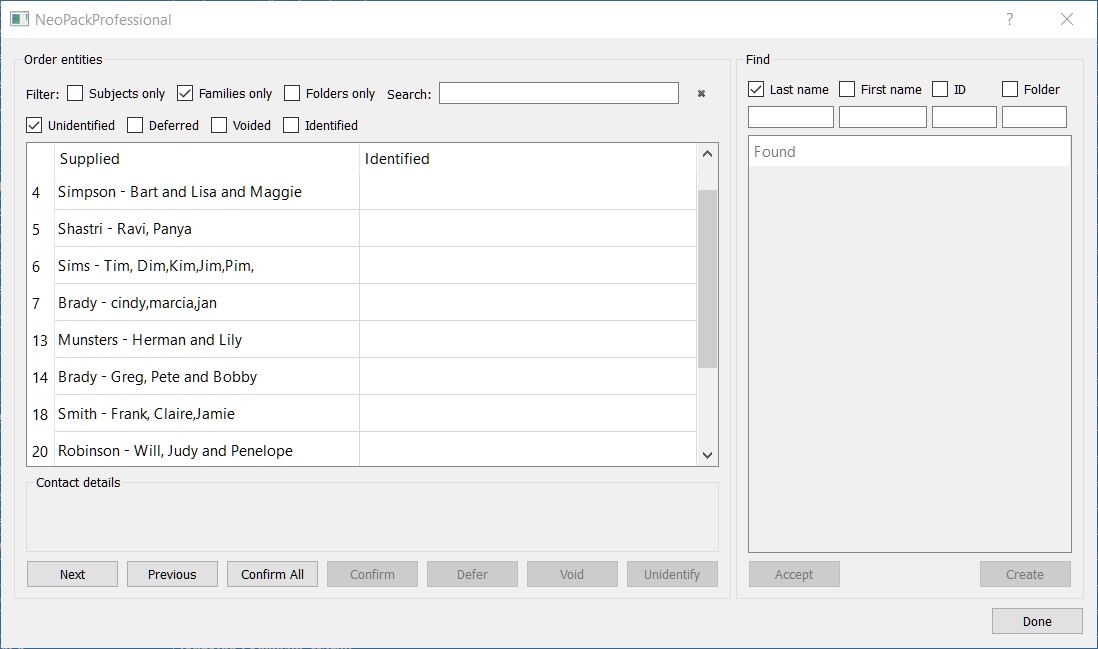 List of identified and unidentified entities in a data management interface.